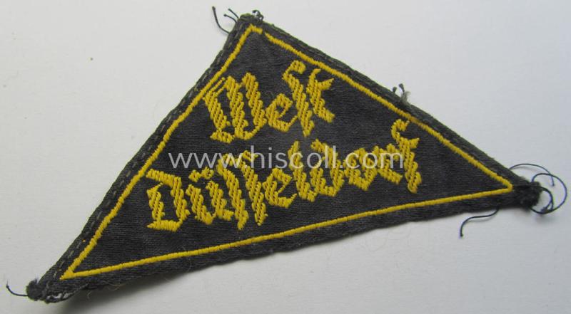 Attractive, 'HJ' ('Hitlerjugend') district-triangle (ie. 'Gebietsdreieck') entitled: 'West Düsseldorf' (being a moderately used- and/or worn example that has lost its once-attached 'RzM'-etiket)