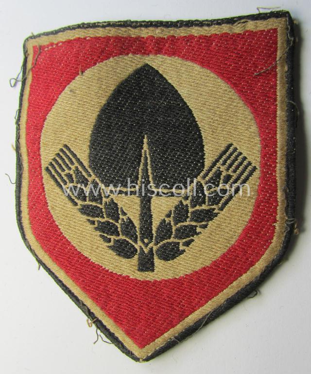 Multi-coloured and neatly 'BeVo'-woven so-called: 'RAD'- (ie. 'Reichsarbeitsdienst' or: mens'-section of the German labour-service) sports-shirt badge that comes in a moderately used- ie. worn- and or carefully shirt-removed-, condition