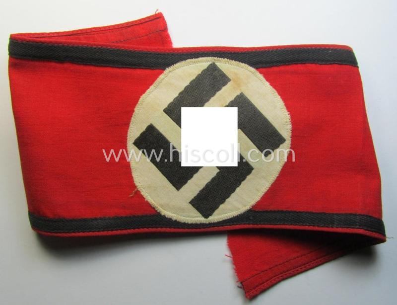 Superb - rarely encountered and just moderately used! - so-called: 'Allgemeine-SS'-related armband (ie. 'Armbinde') being a printed specimen showing a separately-applied (and neatly 'BeVo'-woven!)  swastika (ie. roundel) attached