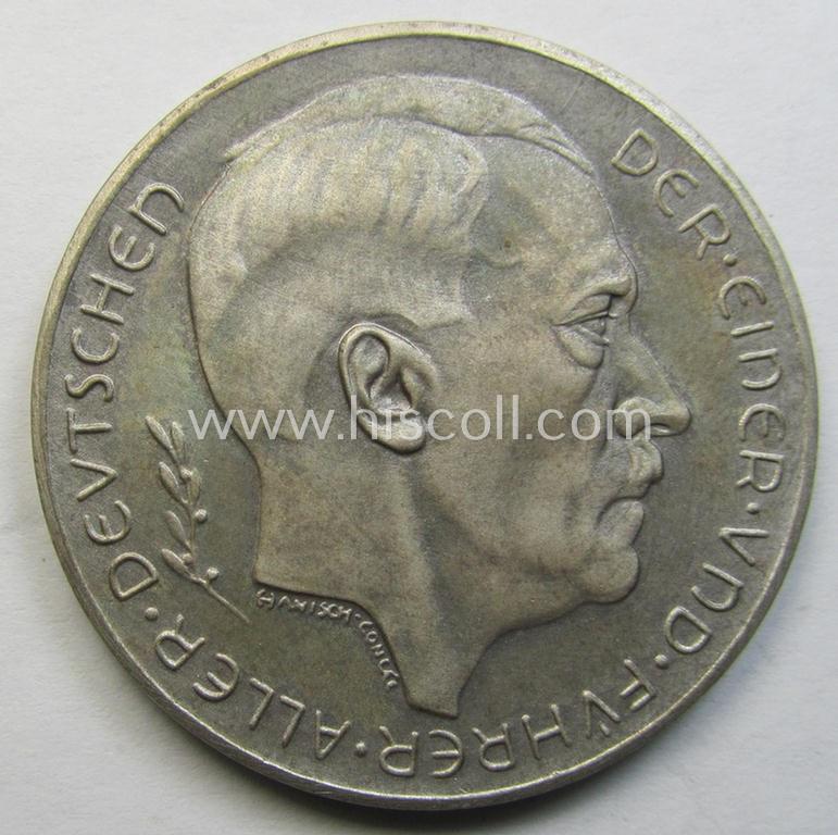 Attractive, TR-period, commemorative-plaque (ie. 'Erinnerungs- o. nichttragbare Medaille') showing a portrait of AH and bearing the text: 'Der einer und Führer aller Deutschen - Das Grossdeutsche Reich ist erstanden - 13.-3 - 29.-9-1938'