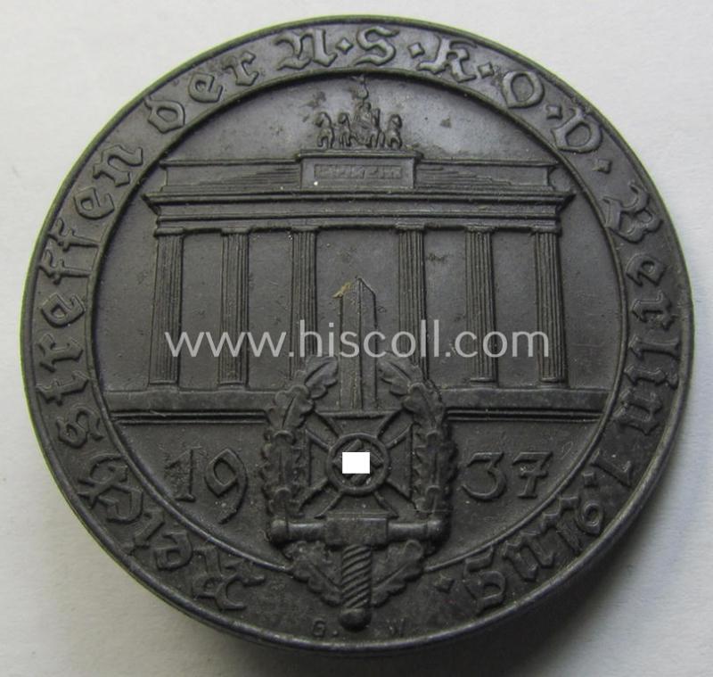 Commemorative, black-toned- and/or: typical zinc-based: 'N.S.K.O.V.'-related 'tinnie' being a maker- (ie. 'A. Donner'-) marked example showing the text: 'Reichstreffen der N.S.K.O.V. - Berlin - 1. Aug. 1937'