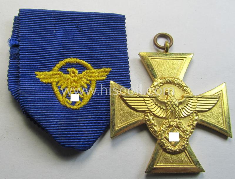 Superb, golden-class 'Polizei-Dienstauszeichnung 1. Stufe' (or: police loyal-service medal first-class) that comes with its accompanying (and scarcely seen!) ribbon (ie. 'Bandabschnitt')