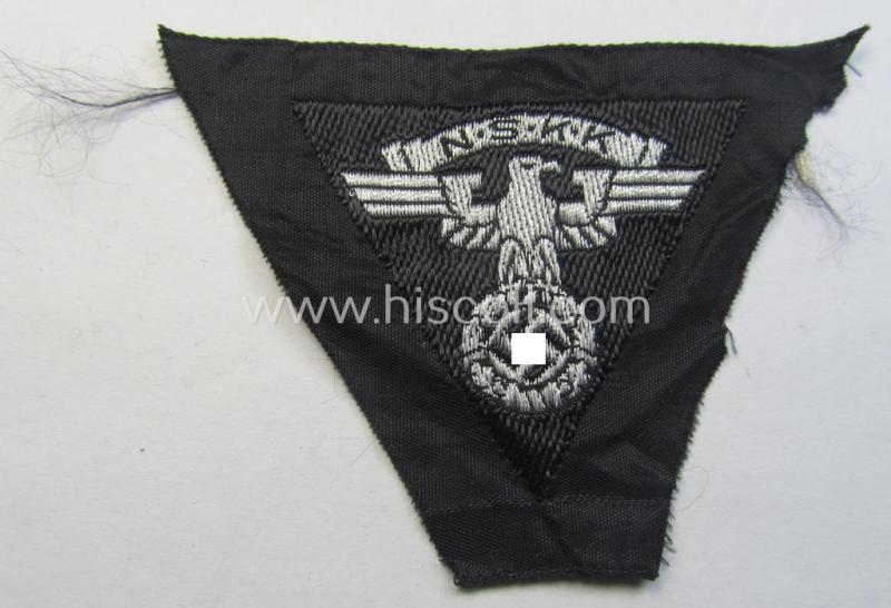 Attractive, so-called: N.S.K.K. (ie. 'National Socialistisches Kraftfahr Korps') side-cap-eagle (ie. 'Adler für Schiffchen o. Lagermütze') being a 'flat-wire-woven'-example that comes mounted onto a black-coloured background