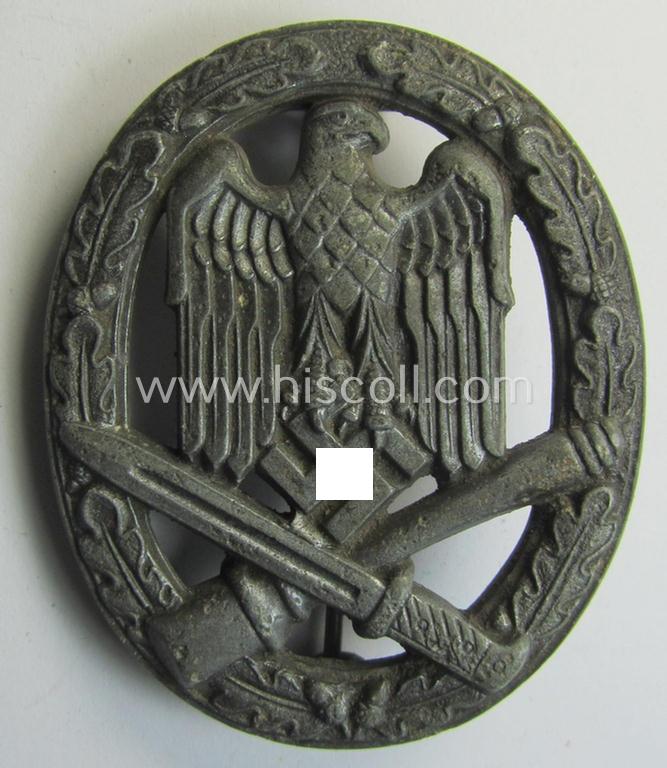 Attractive, 'Allgemeines Sturmabzeichen' (or General Assault Badge ie. GAB), being an unmarked, zinc- (ie. 'Feinzink'-) based so-called: 'flat-back'-pattern by a (by me) unidentified maker