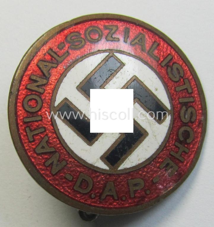 Attractive - darker-red-coloured and very nicely preserved! - 'variant'-pattern 'N.S.D.A.P.'-supporter-pin- ie. party-badge (or: 'Parteiabzeichen') being a regular-sized specimen that shows a 'Ges.Gesch.'-patent-pending-designation