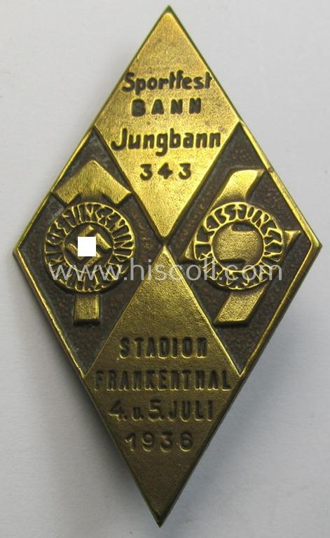 Superb - and unusually found! - golden-toned, HJ- (ie. DJ-) related 'tinnie' (ie. 'Tagungs- o. Veranstaltungsabzeichen') showing 2 youth-related sports'-badges and text: 'Sportfest Bann Jungbann 343 - Stadion Frankenthal - 4. u. 5. Juli 1938'