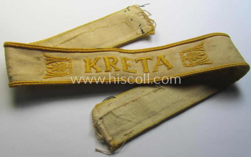 Superb, WH (LW o. Heeres) cuff-title (ie. 'Ärmelstreifen') entitled: 'Kreta' (being a wonderful- and totally non-shortened example that comes in a truly issued- ie. I deem once tunic-attached, condition)