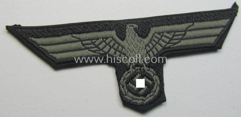 Neat, WH (Heeres) later- (ie. mid-war-) period- and/or bluish-grey-coloured 'Panzer'-type side-cap-eagle a executed in the neat 'BeVo'-weave pattern on a black-coloured background