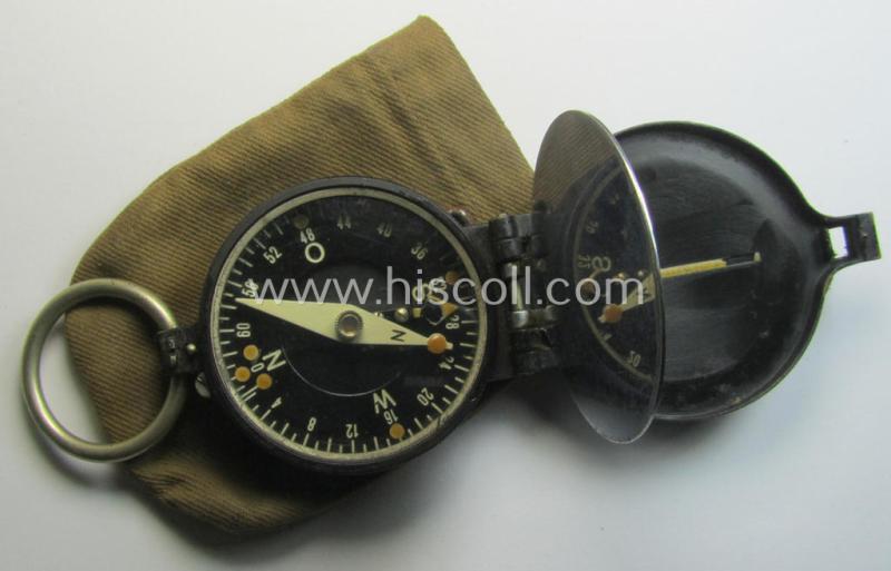 Neat, 'standard-issue'-pattern, black-coloured and/or copper-based WH-compass (ie. 'Marschkompass') being a non-maker-marked example that came stored in its (period) 'Tragetasche'