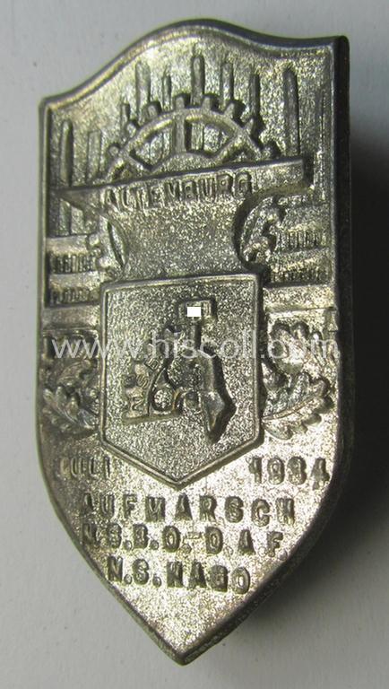 Commemorative, D.A.F.- ie. N.S.B.O.- (ie. 'Deutsches Arbeitsfront') related day-badge (ie. 'tinnie') as issued to commemorate a gathering simply named: 'Aufmarsch N.S.B.O.-D.A.F. - N.S. Hago - Altenburg - Juli 1934'