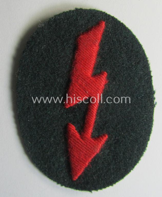 WH (Heeres) trade- and/or special-career-insignia ie. hand-embroidered 'signal-blitz' being a nicely maker- (ie. 'CTG'-) marked example as executed in bright-red linnen as was specifically intended for a soldier within the: 'Artillerie-Truppen'