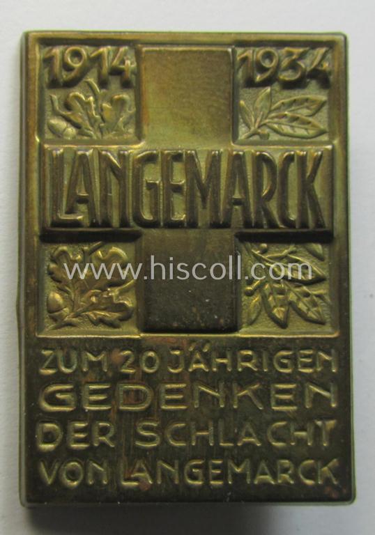 Attractive - and unusually found! - early-period, veteran-association-related 'tinnie' (ie. 'Tagungs- o. Veranstaltungsabzeichen') showing the text: 'Zum 20 jährigen Gedenken der Schlacht von Langemarck - 1914-1934'