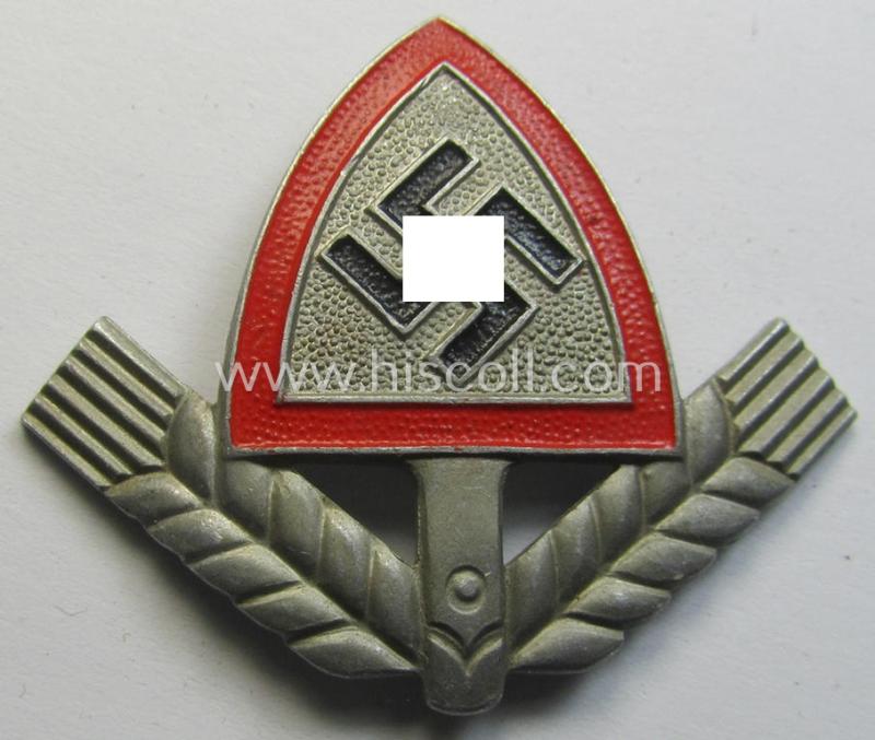 Attractive, aluminium-based EM- (ie. NCO-) pattern, RAD (ie. 'Reichsarbeitsdienst') cap-badge being a maker- (ie. 'A.S. - 38.'-) marked- and/or very detailed example that was specifically intended for usage on the RAD-caps (aka: 'Kaffeebohnen')