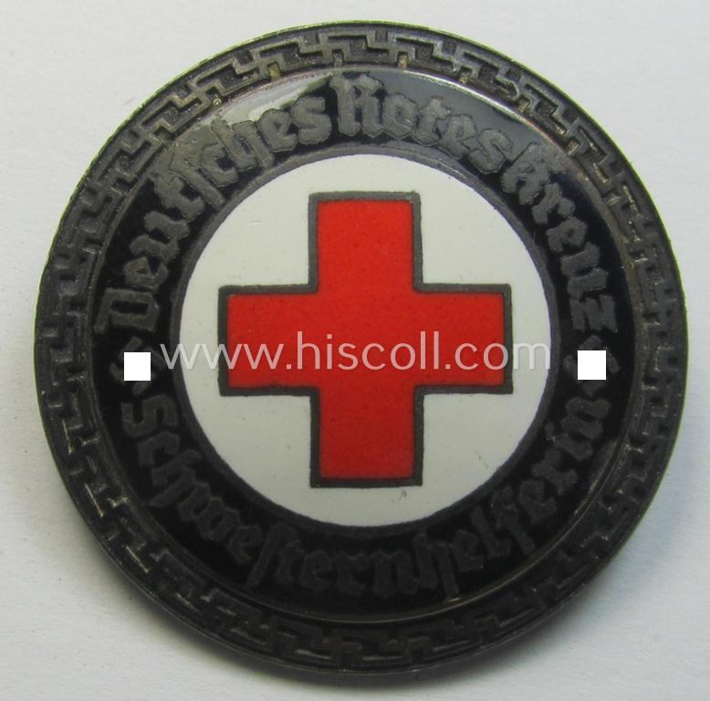 Attractive - albeit period-repaired - DRK (ie. 'Deutsches Rotes Kreuz' or German Red Cross) nurses'-helpers-badge entitled: 'Schwesternhelferin' (being an example that shows a clearly present 'Ges.Gesch.'-patent-pending marking on its back