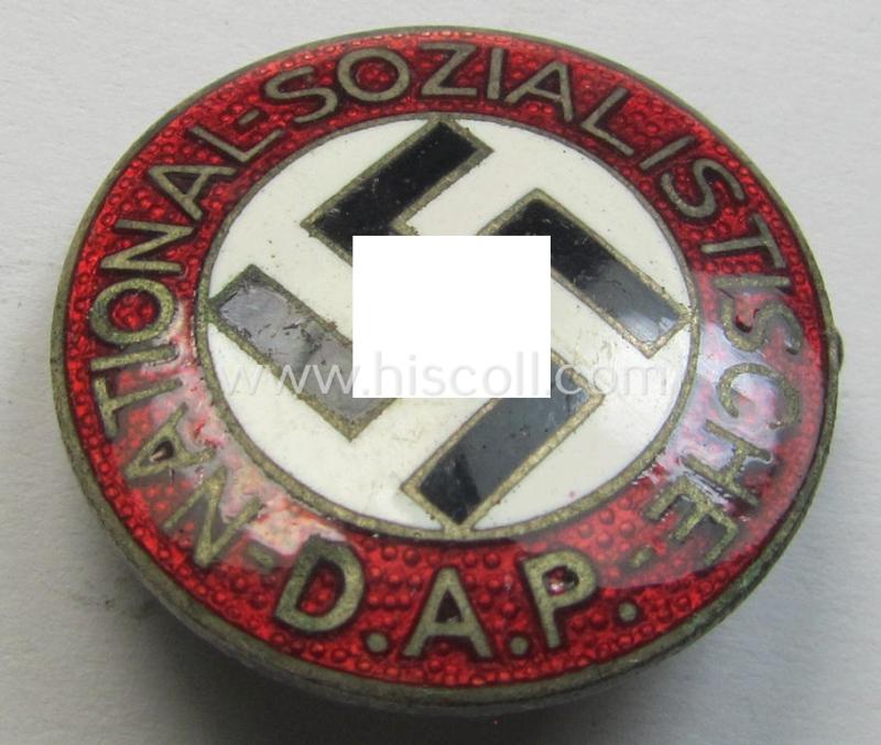 Attractive - darker-red-coloured and very nicely preserved! - 'variant'-pattern 'N.S.D.A.P.'-supporter-pin- ie. party-badge (or: 'Parteiabzeichen') being a regular-sized specimen that shows a 'Ges.Gesch.'-patent-pending-designation