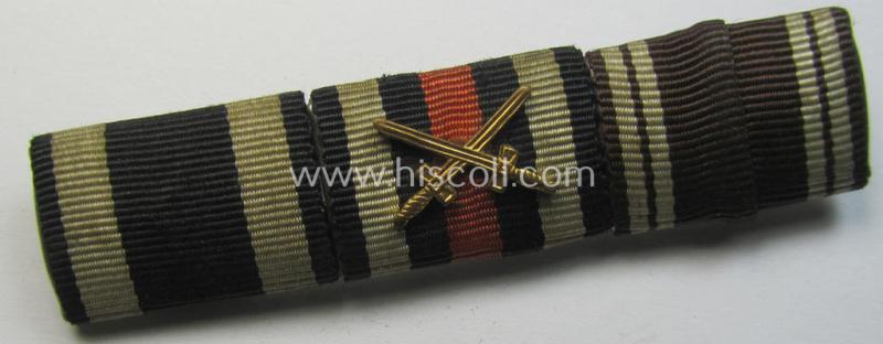 Three-pieced, WH (Heeres etc.) medal-bar (ie. 'Feld- o. Bandspange') showing resp. the ribbons for a WWI-period: 'EK II.Kl.' (or: iron cross second class), a: 'FKK 1914-18 mit Schw.' and a: 'N.S.D.A.P. DA 3. Stufe in Bronze'