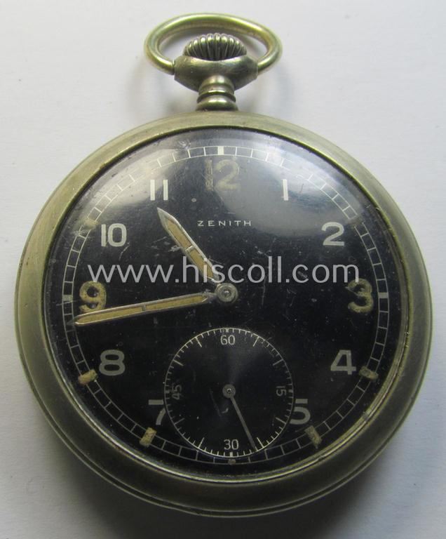 Attractive - and scarcely encountered! - 'Deutsche Wehrmacht'- (ie. WWII-period) pocket-watch ('Dienstuhr') of the make: 'Zenith' having a black-coloured dial-plate and/or engraved back-plate that reads: 'D 8413833 H'