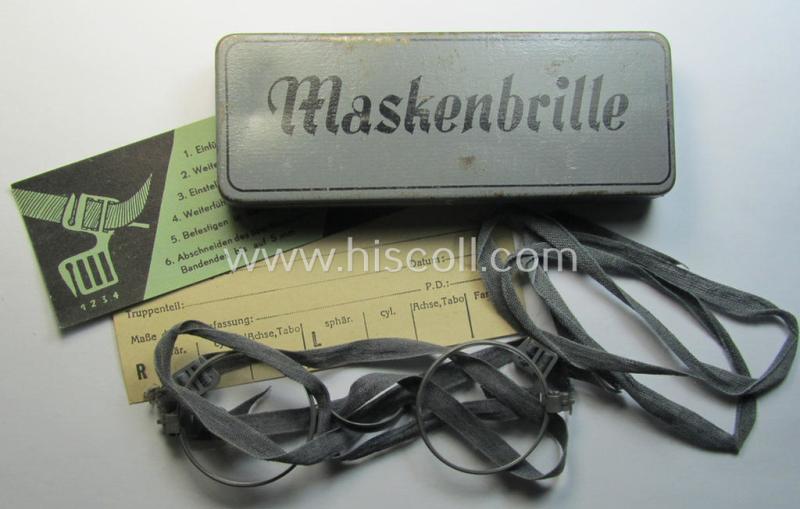 Matching - and/or fully complete! - pair of 'standard-issued'-pattern, WH-gas-mask-glasses (ie. 'Maskenbrille') that comes stored in its period-, metal-based container as was intended for usage in conjunction with the gasmask