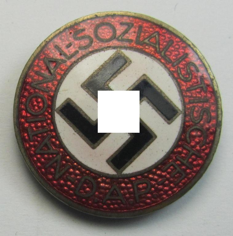 Attractive - darker-red-coloured, period-repaired but still nicely preserved! - 'N.S.D.A.P.'-supporter-pin- ie. party-badge (or: 'Parteiabzeichen') being a regular-sized specimen that shows an 'RzM'-makers'-designation