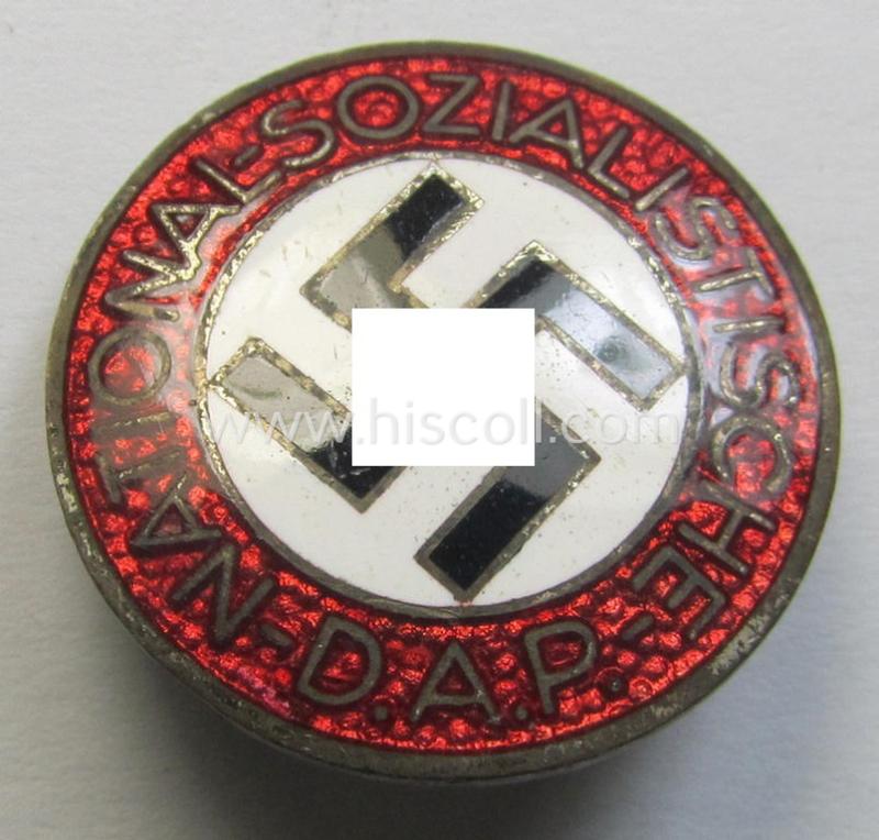 Neat - bright-red-coloured and nicely preserved! - 'N.S.D.A.P.'-membership-pin- ie. party-badge (or: 'Parteiabzeichen') which is maker-marked on its back with the makers'-designation: 'RzM' and/or: 'M1/85'