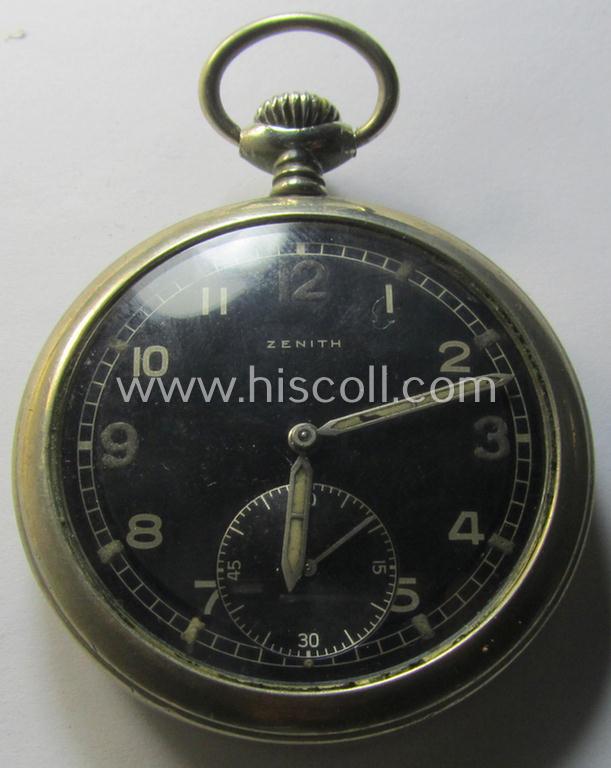 Attractive - and scarcely encountered! - 'Deutsche Wehrmacht'- (ie. WWII-period) pocket-watch ('Dienstuhr') of the make: 'Zenith' having a black-coloured dial-plate and/or engraved back-plate that reads: 'D 8412589 H'