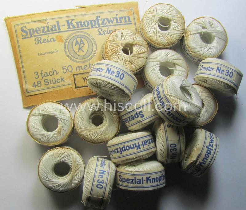 Neat, spare- or soldiers' personal-equipment-item: an unused roll of WH-period stitching-thread holding 50 mtrs. of white-coloured linnen named: 'Spezial Knofzwirn Nr. 30' as was produced by a company named: 'AAK'