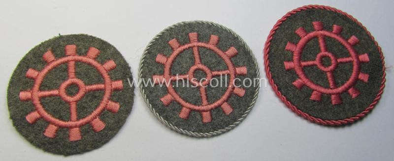 Attractive - and complete! - 3-pieced set comprising of three WH (Heeres ie. 'Panzer'-) trade- ie. special-career-patches as were intended for the various: 'Panzerwarte o. Kfz.-Warte o. Handwerker' (aka 'KFZ-Technisches Personal')