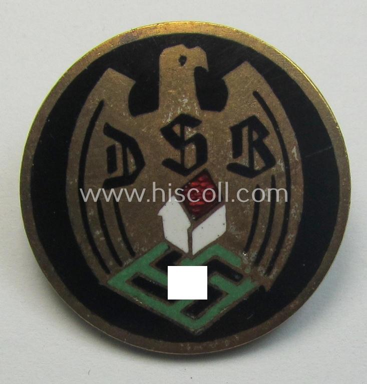 Neat, enamelled membership-badge (ie. 'Mitgliedsabzeichen') as was intended for usage by a member within the: 'Deutscher Siedlerbund' (ie. 'DSB') being a piece that is totally void of a makers'-designation