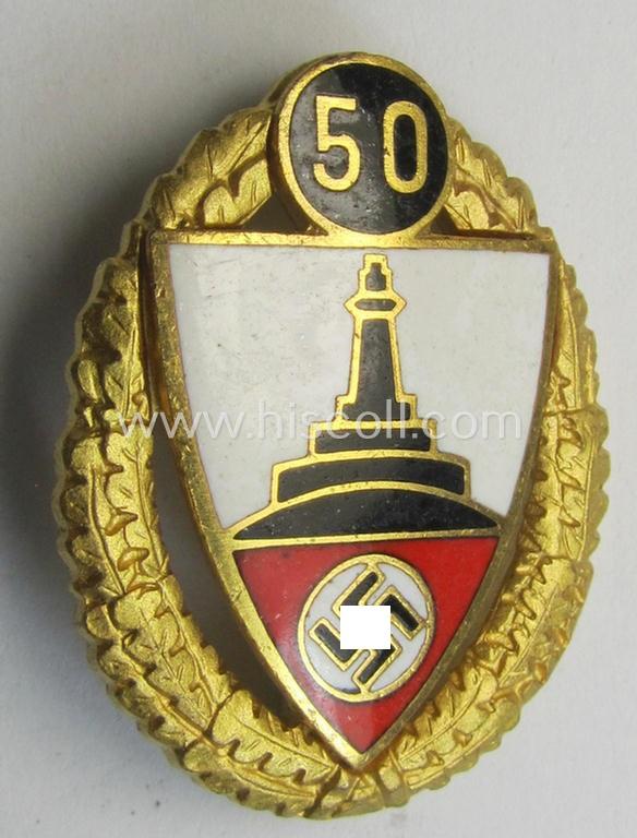 Attractive, honorary-membership lapel-pin (aka: 'Goldene Ehrennadel für 50 Jahre Mitgliedschaft im Deutscher Reichskriegerbund Kyffhäuser' (ie. 'D.R.K.B.') being a non-maker-marked example that bears a: 'Ges.Gesch.'-designation on its back