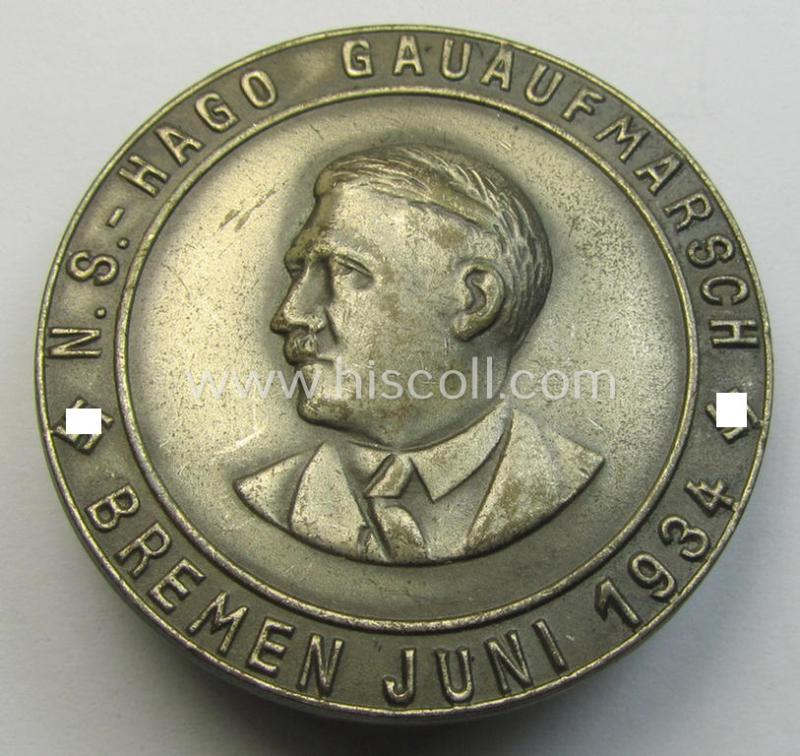 Commemorative - and truly detailed! - silvered 'Buntmetall'-based, N.S.D.A.P.-related 'tinnie' being a non-maker-maker-marked example depicting an illustration of Adolf Hitler and text that reads: 'N.S. Hago Gauaufmarsch - Bremen - Juni 1934'