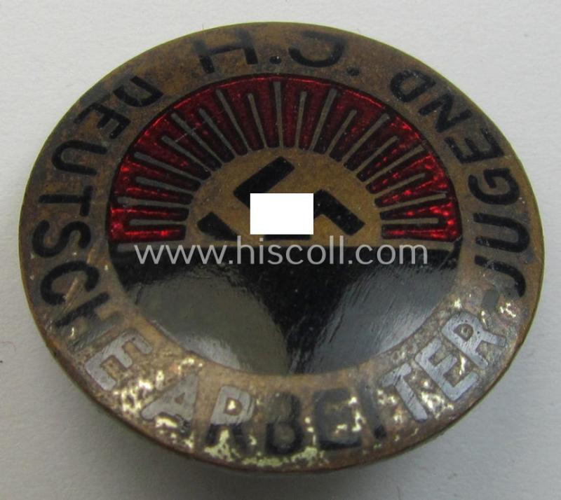 Neat - albeit clearly used! - multi-coloured enamelled 'Mitgliedsabzeichen' as intended to signify membership within the: 'HJ' (or: 'Hitlerjugend') before June 1932 (being a badge of the 1st pattern that is void of a makers'-designation)