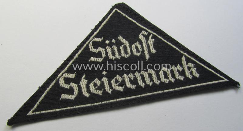 Neat, 'HJ' ('Hitlerjugend') ie. 'BDM' ('Bund Deutscher Mädel') district-triangle (ie. 'Gebietsdreieck') entitled: 'Südost Steiermark' (being a 'virtually mint' example that retains its period-attached, paper-based so-called: 'RzM'-etiket)