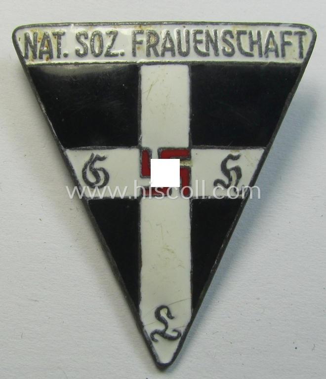 Neat, 'NS-Frauenschaft'-membership-badge (ie. 'Mitgliedsabzeichen') being a larger- (ie. 46-mm.-) sized example of the fourth pattern that shows a clearly present: 'RzM 63'-makers'-designation on its back