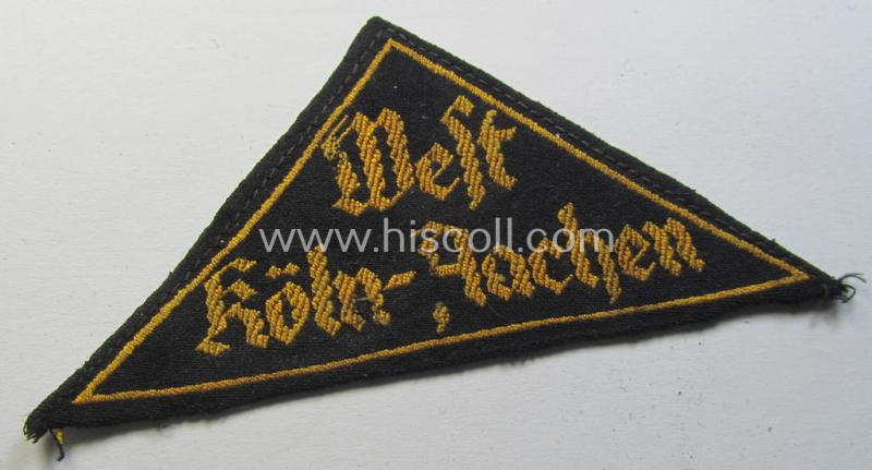 Truly used- and/or clearly tunic-/shirt-removed, 'HJ' ('Hitlerjugend') district-triangle (ie. 'Gebietsdreieck') entitled: 'West Köln-Aachen' (being a minimally damaged example that misses its 'RzM'-etiket)