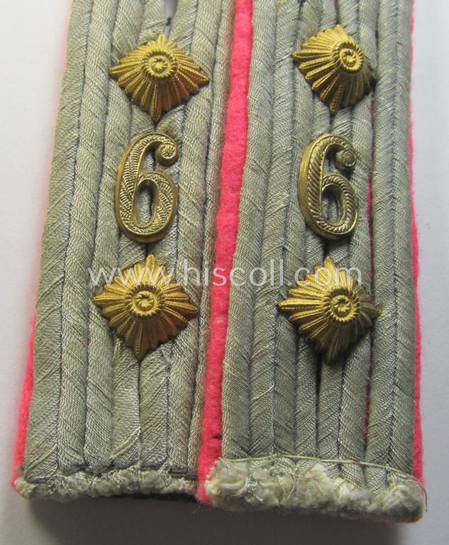 Superb - and fully matching! - pair of neatly 'cyphered' WH (Heeres) officers'-type shoulderboards as piped in the bright-pink- (ie. 'rosaroter'-) coloured branchcolour as was intended for a: 'Hauptmann u. Mitglied der 6. Panzer-Division'