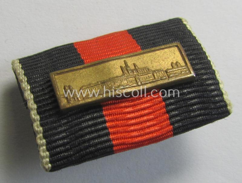 Neat, single-pieced WH (Heeres etc.) ribbon-bar (ie. 'Band- o. Feldspange') that is showing the ribbon for a Czech 'Anschluss'-medal (and having a detailed- and larger-sized miniature 'Prager Burg-Spange' period-attached)