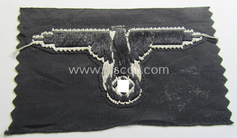 Superb, mid- (ie. later-war-) pattern, 'SS' (ie. 'Waffen-SS') so-called: 'BeVo-weave-style', enlisted-mens'- ie. NCO-pattern arm-eagle (ie. 'Ärmeladler für Mannschaften u. Unterführer') as was intended for usage by the various Waffen-SS troops