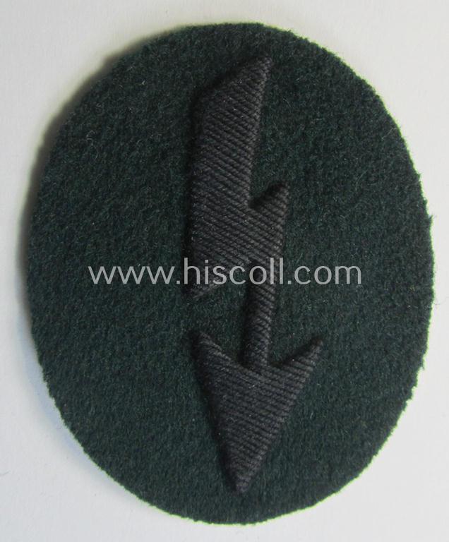 WH (Heeres) trade- and/or special-career-insignia ie. hand-embroidered 'signal-blitz' being a nicely maker-marked example as executed in black-coloured linnen as was specifically intended for a soldier within the: 'Pionier-Truppen'