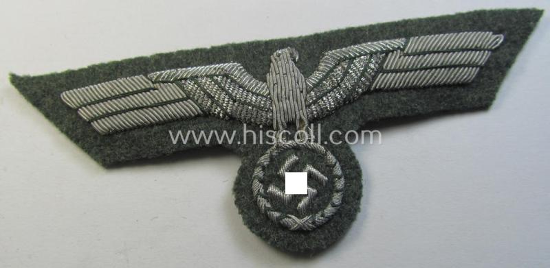 Attractive - and minimally used! - WH (Heeres) officers'-type, hand-embroidered breast-eagle (ie. 'Brustadler für Offiziere') as executed in bright-silverish-coloured braid (on field-grey!) as intended for usage on the various officers'-pattern tunics