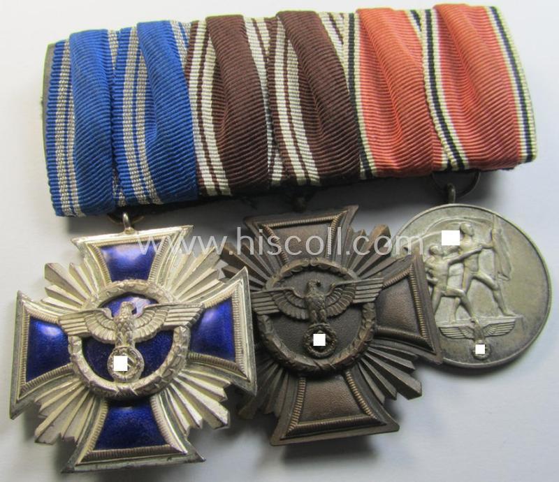 Superb, 3-pieced N.S.D.A.P.-related medal-bar (ie. 'Ordenspange') showing a: 'D.A. in Silber' (ie. '2. Stf. für 15 Jahre t.D.'), a: 'D.A. in Bronze' (ie. '3. Stf. für 10 Jahre t.D.') and an: Austrian 'Anschluss'-medal