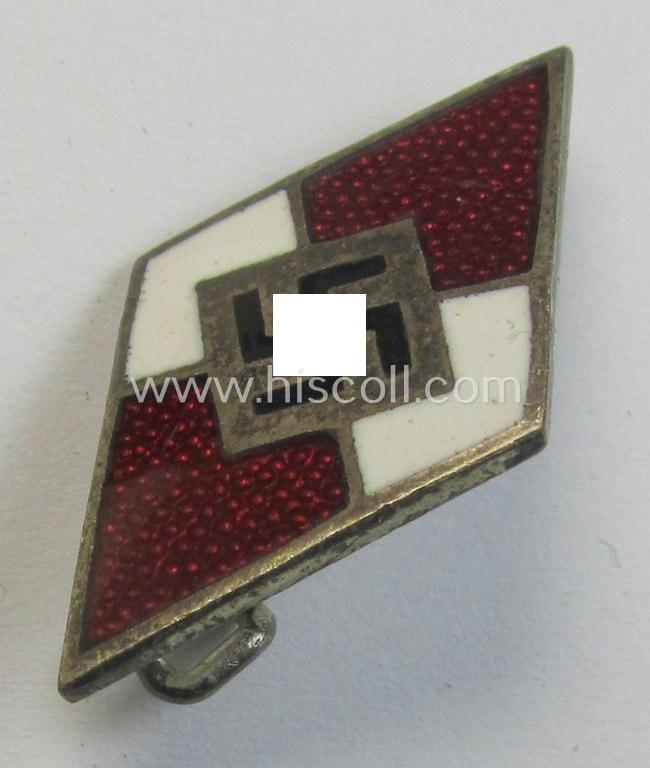 Attractive, HJ (ie. 'Hitlerjugend') enamelled lapel-pin (ie.: 'Raute') being a bright-red-coloured- and/or truly detailed - and non-cleaned and untouched! - example showing an: 'RzM - M1/102'-makers'-designation on its back