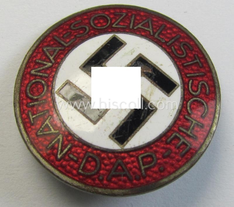 Neatly enamelled- (and bright-red-coloured!) 'N.S.D.A.P.'-membership-pin- ie. party-badge (or: 'Parteiabzeichen') which is nicely maker-marked on the back with the makers'-designation: 'RzM' and/or: 'M1/72'