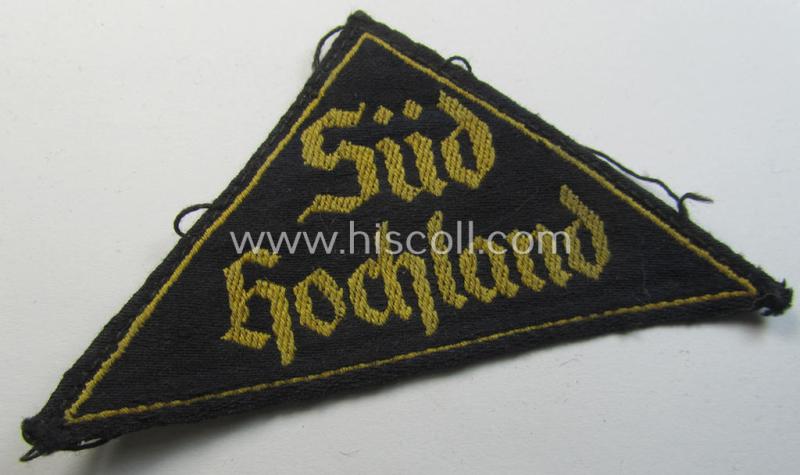 Neat, 'HJ' ('Hitlerjugend') district-triangle (ie. 'Gebietsdreieck') entitled: 'Süd Hochland' (being a clearly used- and/or once tunic- ie. shirt-attached example that is void of an: 'RzM'-etiket)