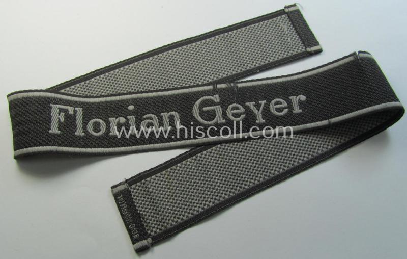 Attractive, Waffen-SS, 1943-pattern cuff-title (ie. 'Ärmelstreifen') depicting the machine-woven Latin script text in silver-grey linnen as was intended for a member of the: '8. SS-Kavallerie-Division “Florian Geyer”