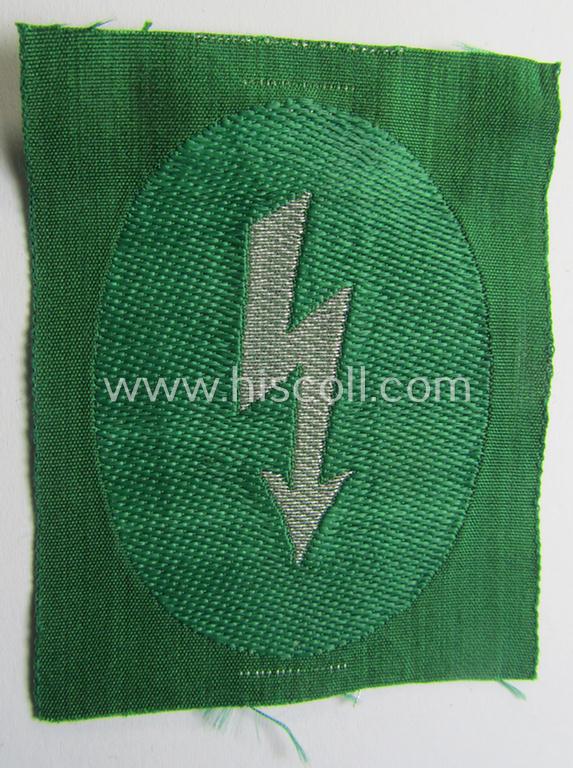 Attractive - and scarcely found! - HJ/BDM (ie. 'Hitlerjugend'/'Bund Deutscher Mädel') 'HJ-Nachrichten-Leistungsabzeichen' showing a silver-toned 'signal-blitz' on a green-toned background as was intended to signify succesion in the: 'B-Prüfung'