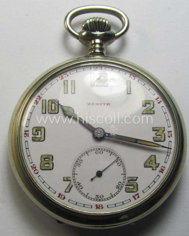 Attractive - and scarcely encountered! - 'Deutsche Wehrmacht'- (ie. WWII-period) pocket-watch ('Dienstuhr') of the make: 'Zenith' having a white-coloured dial-plate and/or engraved back-plate that reads: 'D57103H'