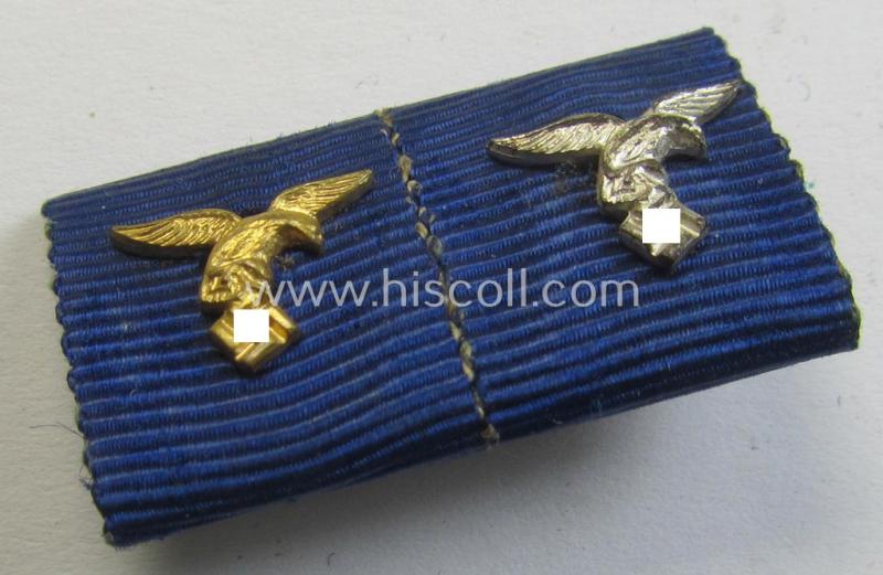 Neat, 2-pieced ribbon-bar (ie. 'Band- o. Feldspange') as was intended for two WH (Luftwaffe) 'Dienstauszeichnungen für 4 u. 12 Jahre Treue Dienste' (both having a miniature, golden- ie. silver-toned and/or 'down-tailed' eagle-device period-attached)