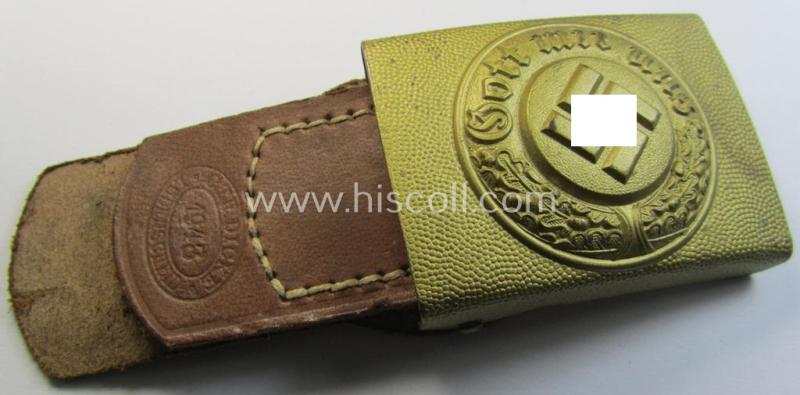 Stunning, bright-golden-coloured- and/or steel-based so-called: 'Wasserschützpolizei' belt-buckle being a maker- (ie. 'C.T. Dicke'-) marked- and: '1943'-dated example that comes mounted onto its 'typically-shaped' leather-based tab