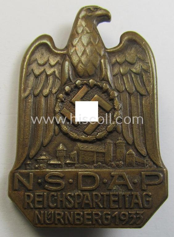 Attractive - and luxuriously styled! - N.S.D.A.P.-related 'tinnie' (ie. 'Tagungs- o. Veranstaltungsabzeichen'-) being a non-maker-marked- and golden-bronze-toned example showing the text: 'N.S.D.A.P. Reichsparteitag - Nürnberg 1933'