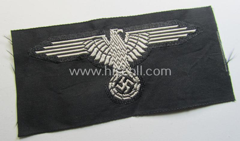 Superb, mid- (ie. later-war-) pattern, 'SS' (ie. 'Waffen-SS') so-called: 'BeVo-weave-style', enlisted-mens'- ie. NCO-pattern arm-eagle (ie. 'Ärmeladler für Mannschaften u. Unterführer') as was intended for usage by the various Waffen-SS troops